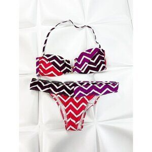 Charlie by Matthew Zink MZ Mixed Zag Rosa Halter Bandeau Bikini Set Sz Large